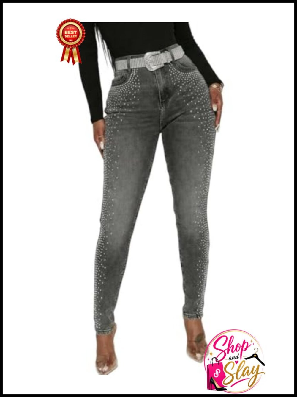 CHICME High Waisted Rhinestone Skinny Jeans Stretchy Party Streetwear